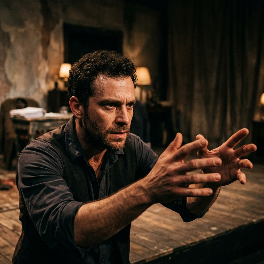 Primer plano de actor practicando un gesto psicológico en el estudio