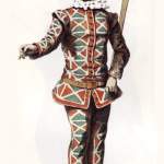 Grabado clásico de Maurice Sand que representa el personaje de Arlecchino en 1671 con máscara de cuero y traje de rombos de colores