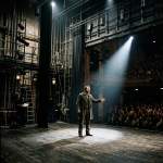 Escenario de teatro épico moderno con estructuras y focos expuestos y un actor hablando de frente al público