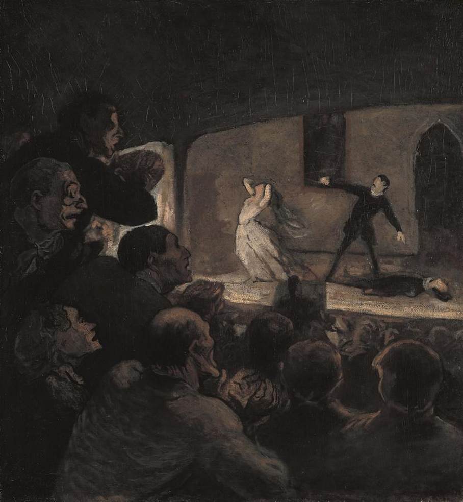 Pintura clásica El Drama de Daumier ilustrando al público conmovido contemplando una función teatral