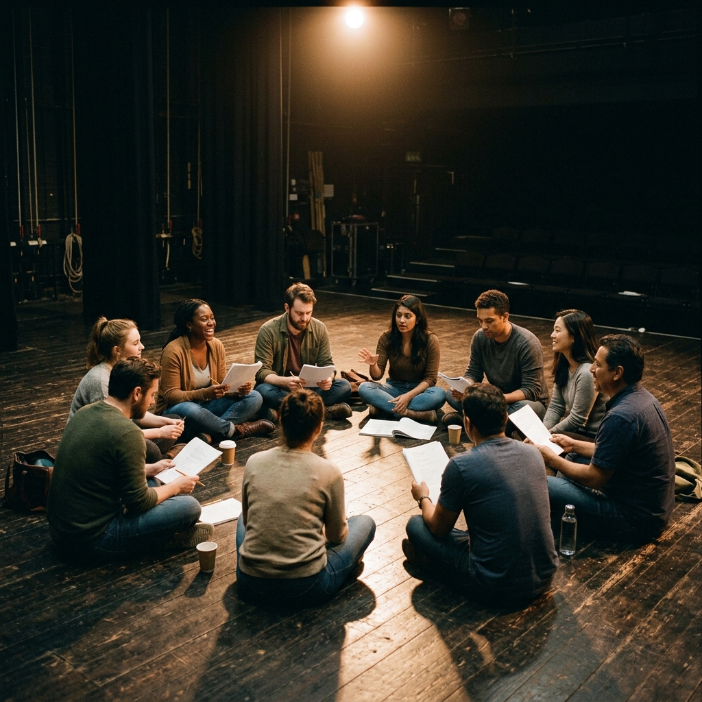 Grupo de actores del Odin Teatret realizando ejercicios físicos dinámicos en escena
