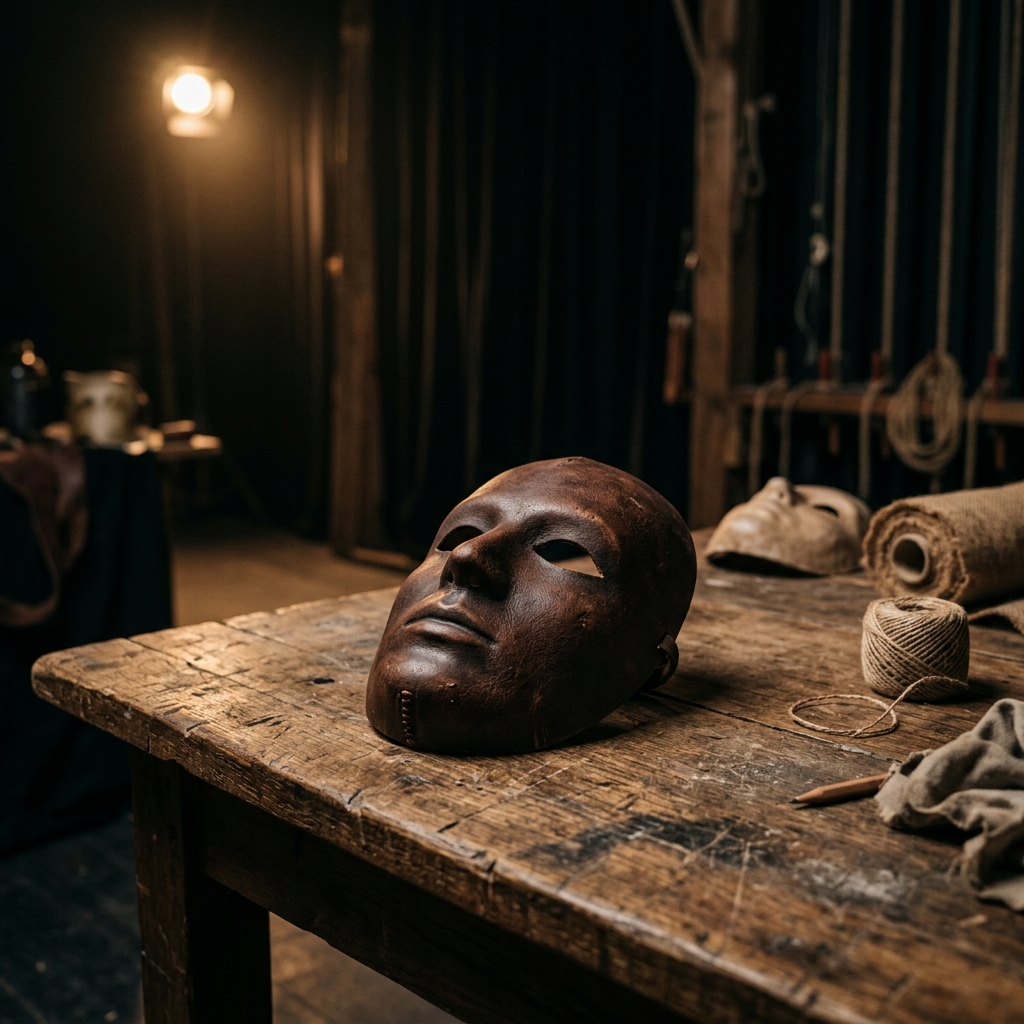 Máscara neutra clásica de cuero sobre mesa rústica de madera en taller teatral
