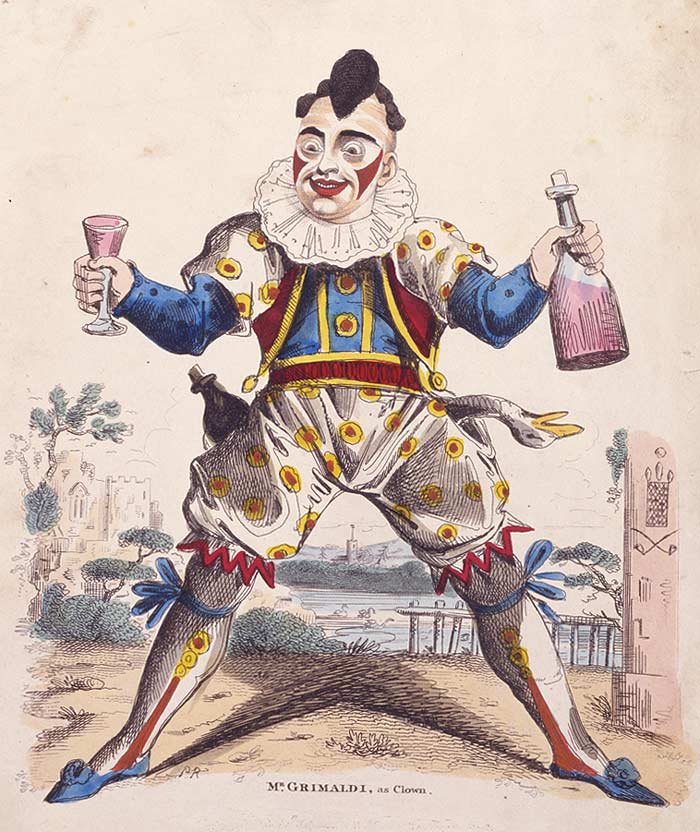 Retrato clásico grabado de Joseph Grimaldi caracterizado como payaso blanco