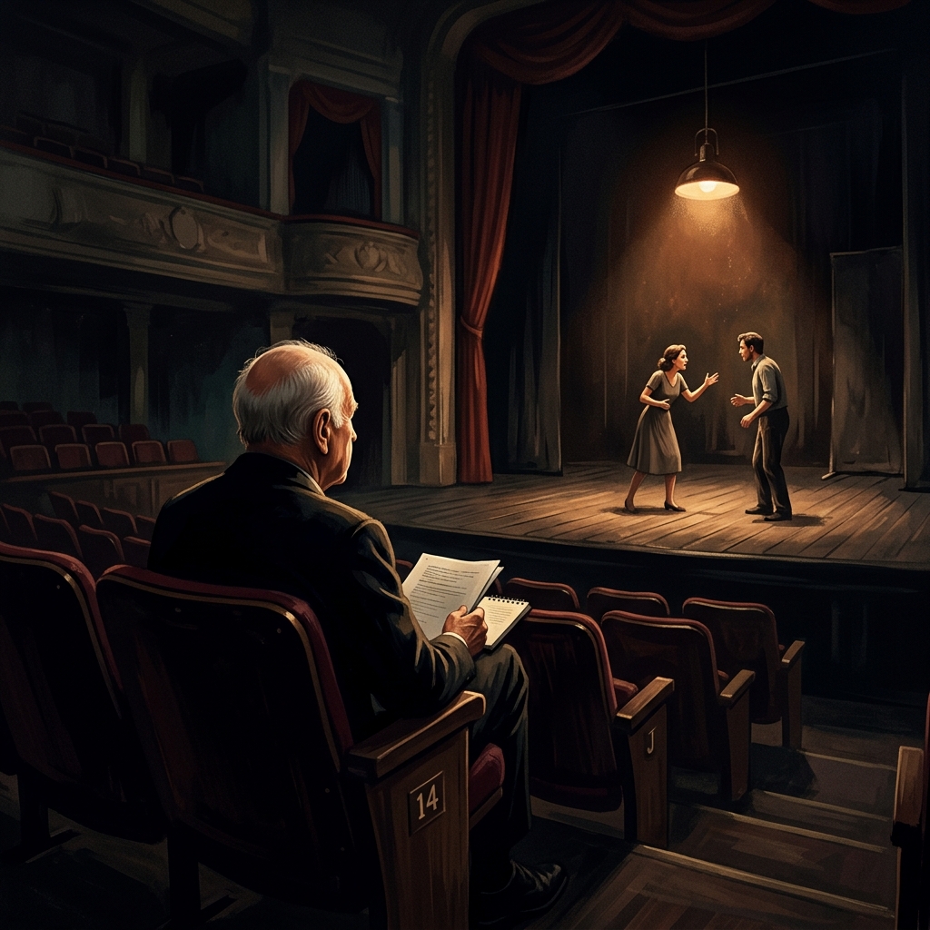 Peter Brook dirigiendo un ensayo desde el patio de butacas en la penumbra