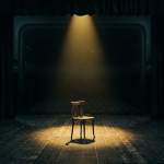 Silla de madera solitaria en un escenario de teatro oscuro bajo un foco de luz dramático amarillo