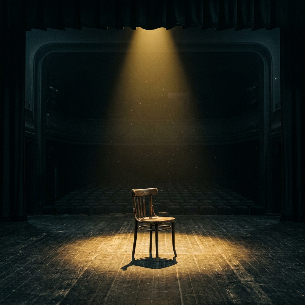 Escenario minimalista vacío con una silla bajo la luz de un foco