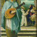 Grabado religioso que representa a San Ginés de Roma con un instrumento musical y una careta de actor