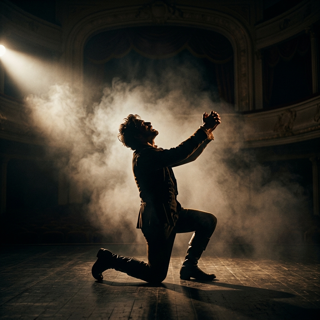 Silueta dramática de un actor interpretando sobre el escenario