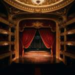 Escenario de teatro clásico con grandes cortinas de terciopelo rojo abiertas iluminado por luces cálidas