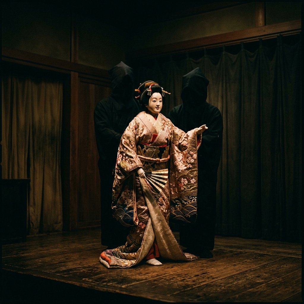Teatro Bunraku de marionetas japonesas clásicas manipuladas