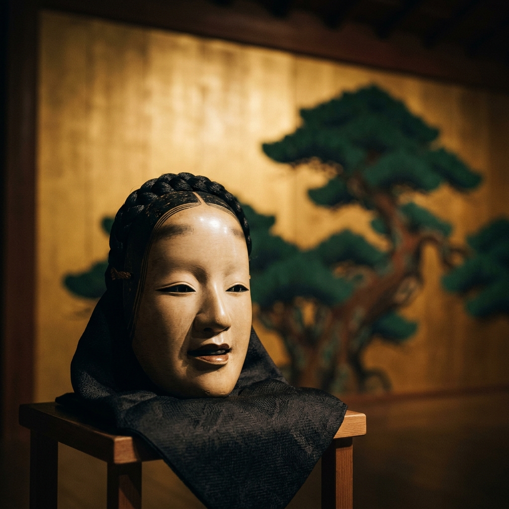 Máscara tradicional de madera lacada del teatro Noh de Japón